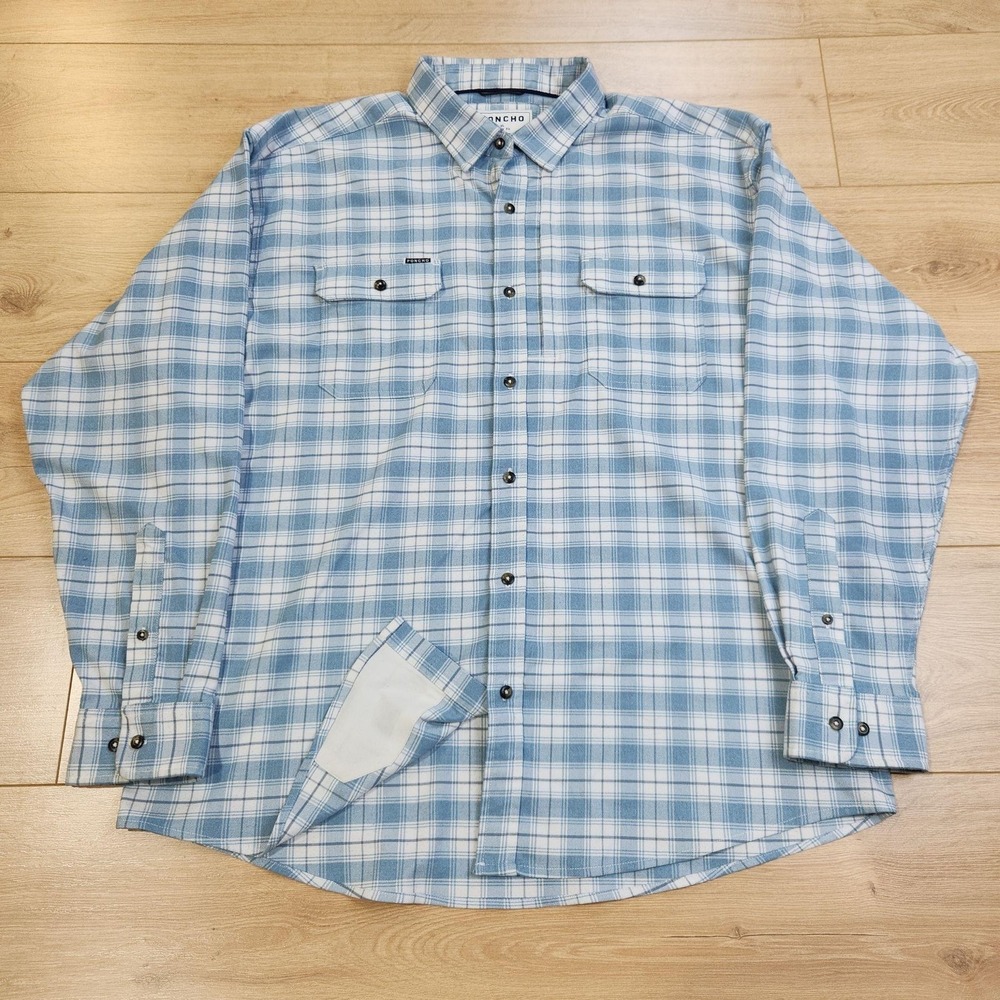 Poncho Outdoors Blue Bison Shirt Mens XL Blue Plaid Flannel Button Up Stretch